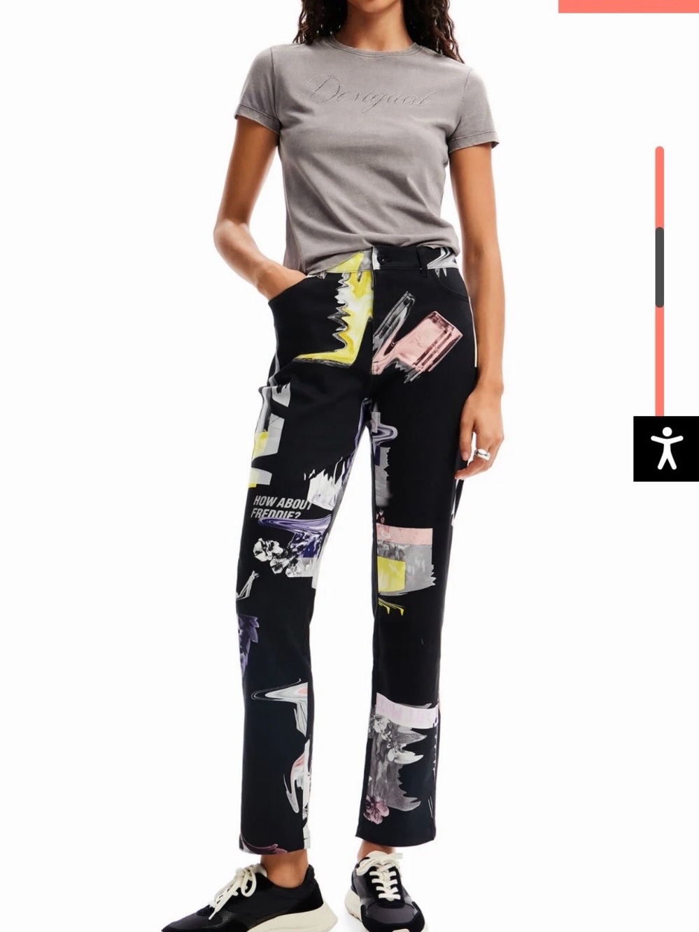 Desigual Black Straight-Leg Pants with Multicolor Art Print